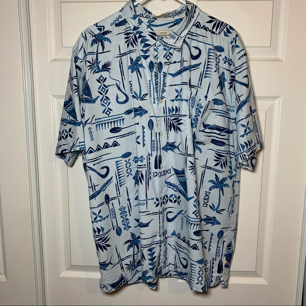 Quiksilver Light Blue Short-Sleeve Button- up Shirt Tropical Print size XXL